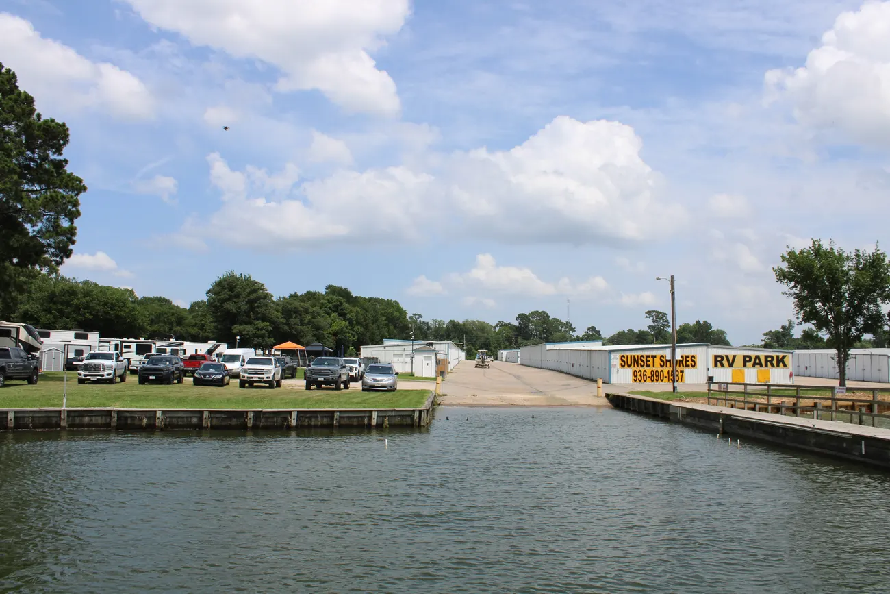 Boat launch ramp beside the Sunset Shores RV Park storage buildings